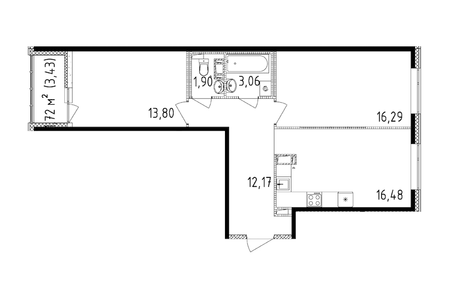 2-комнатная квартира 63.7 м², 13/14 эт., ЖК «Чёрная речка»